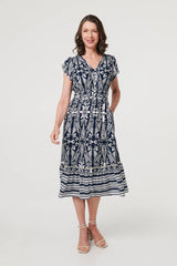 Printed Cap Sleeve Shirred Midi Dress