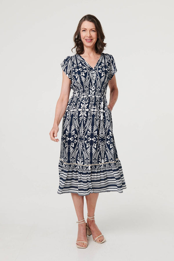 Printed Cap Sleeve Shirred Midi Dress