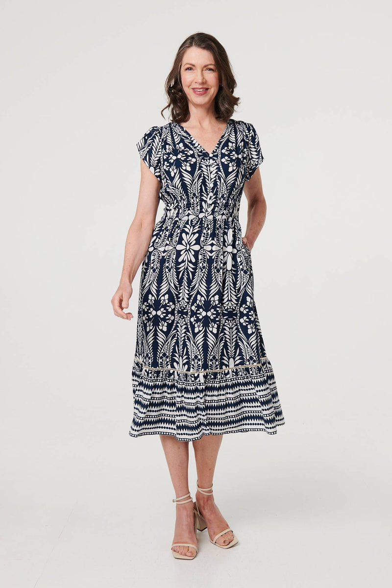 Printed Cap Sleeve Shirred Midi Dress