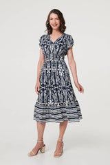 Printed Cap Sleeve Shirred Midi Dress