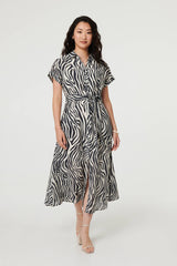 Zebra Print Tie Waist Midi Shirt Dress