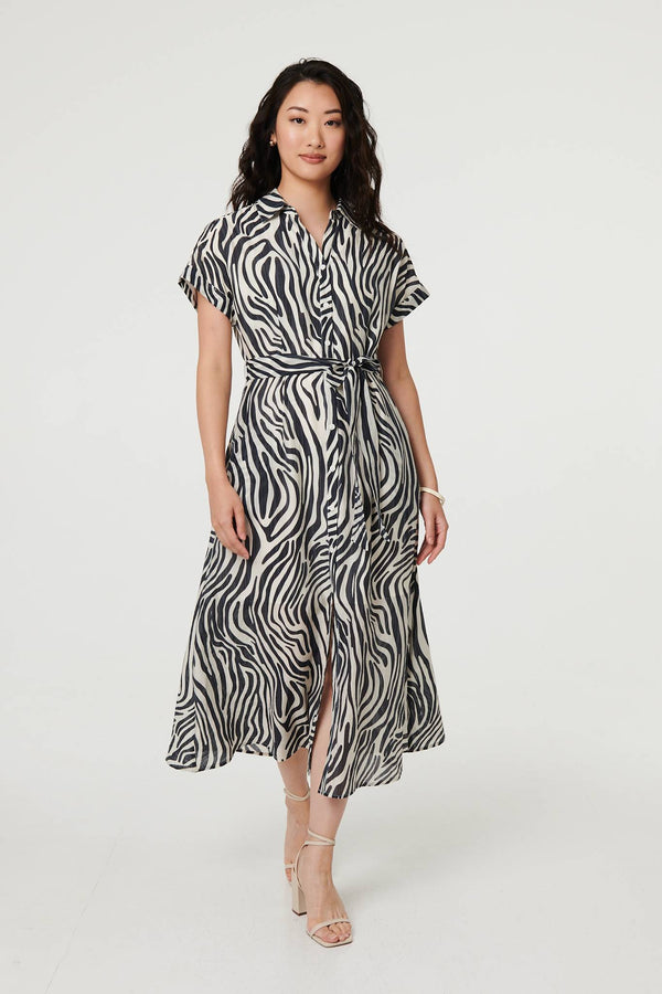 Zebra Print Tie Waist Midi Shirt Dress