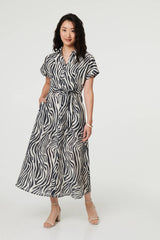 Zebra Print Tie Waist Midi Shirt Dress