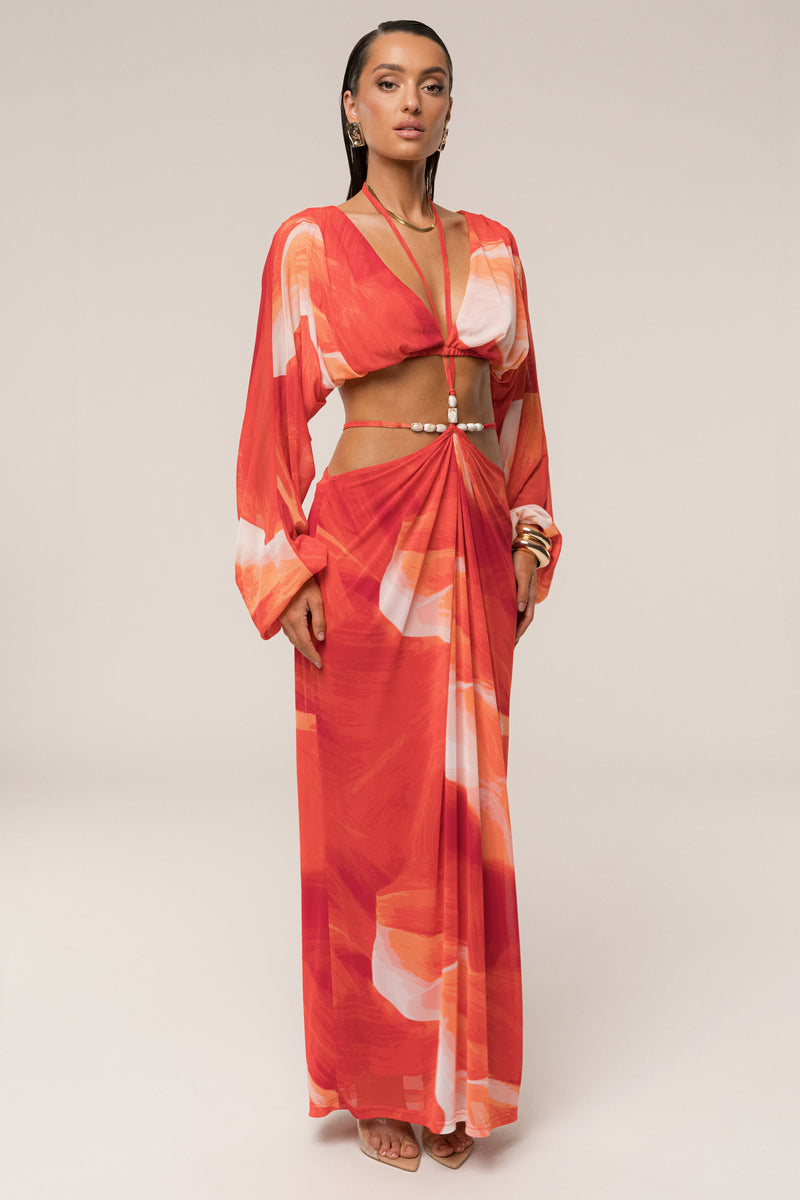 Sunset Red Hera Draped Maxi Skirt