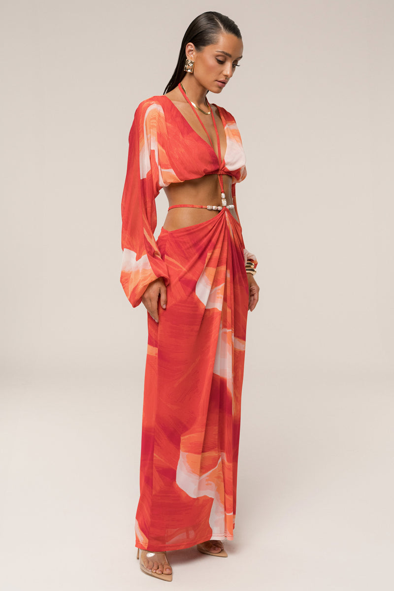 Sunset Red Hera Draped Maxi Skirt