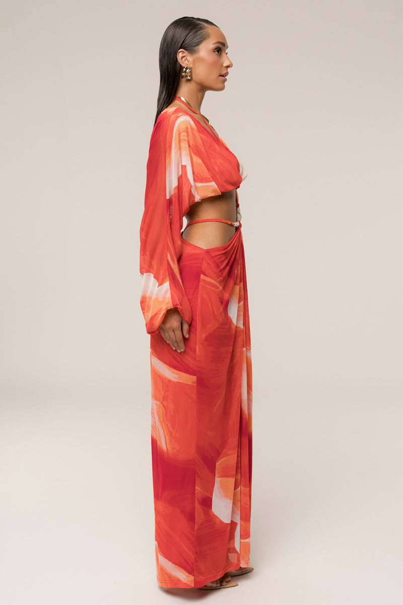 Sunset Red Hera Draped Maxi Skirt