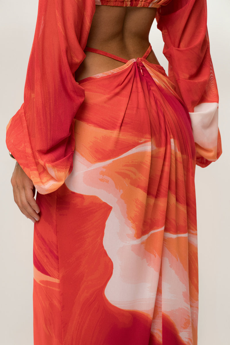 Sunset Red Hera Draped Maxi Skirt