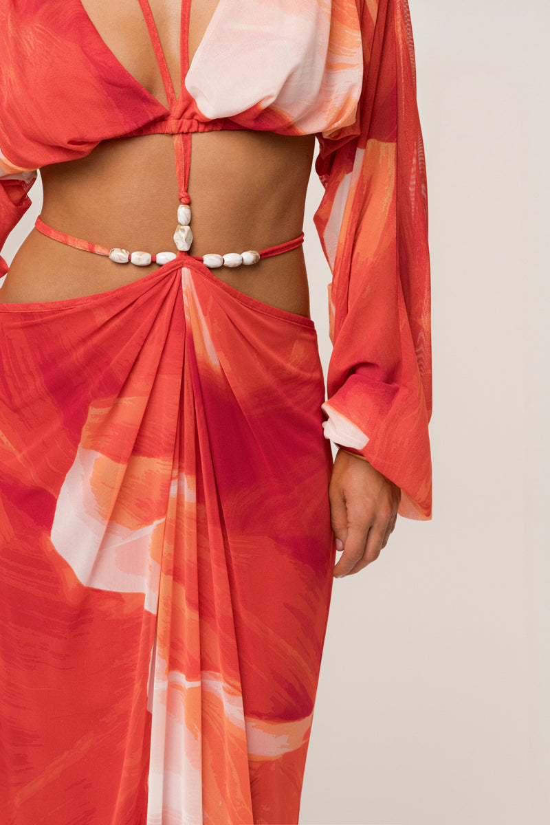 Sunset Red Hera Draped Maxi Skirt